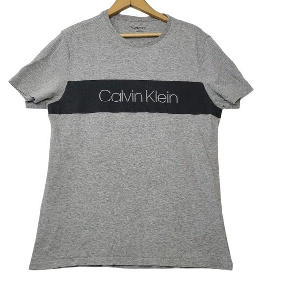 Calvin Klein Logo Box Crew Neck T-Shirt Small Heather Gray Black Stripe - Picture 1 of 8